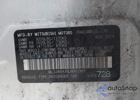 2020 Mitsubishi Mirage Le z USA, uszkodzony, nr VIN ML32A5HJ0LH002985